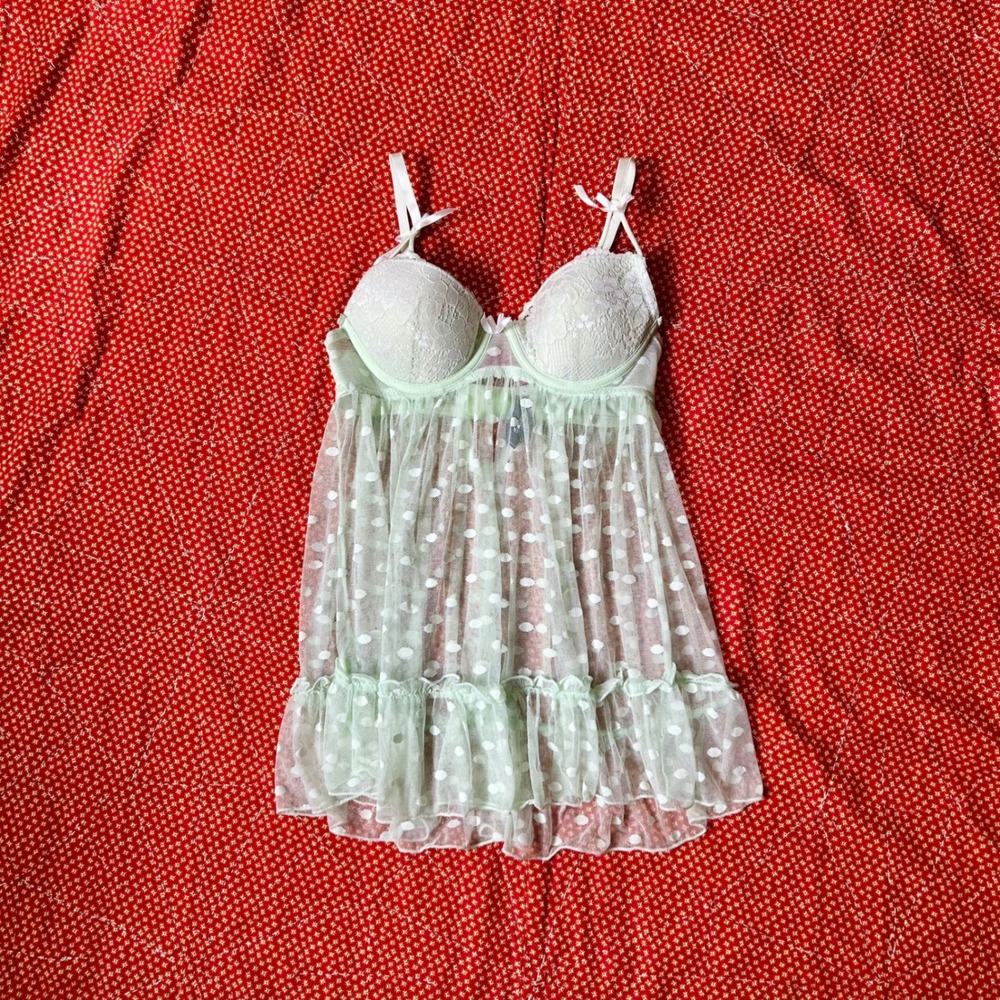 Vintage Style Mint Green Polka Dot Lace Babydoll Lingerie Chemise Small